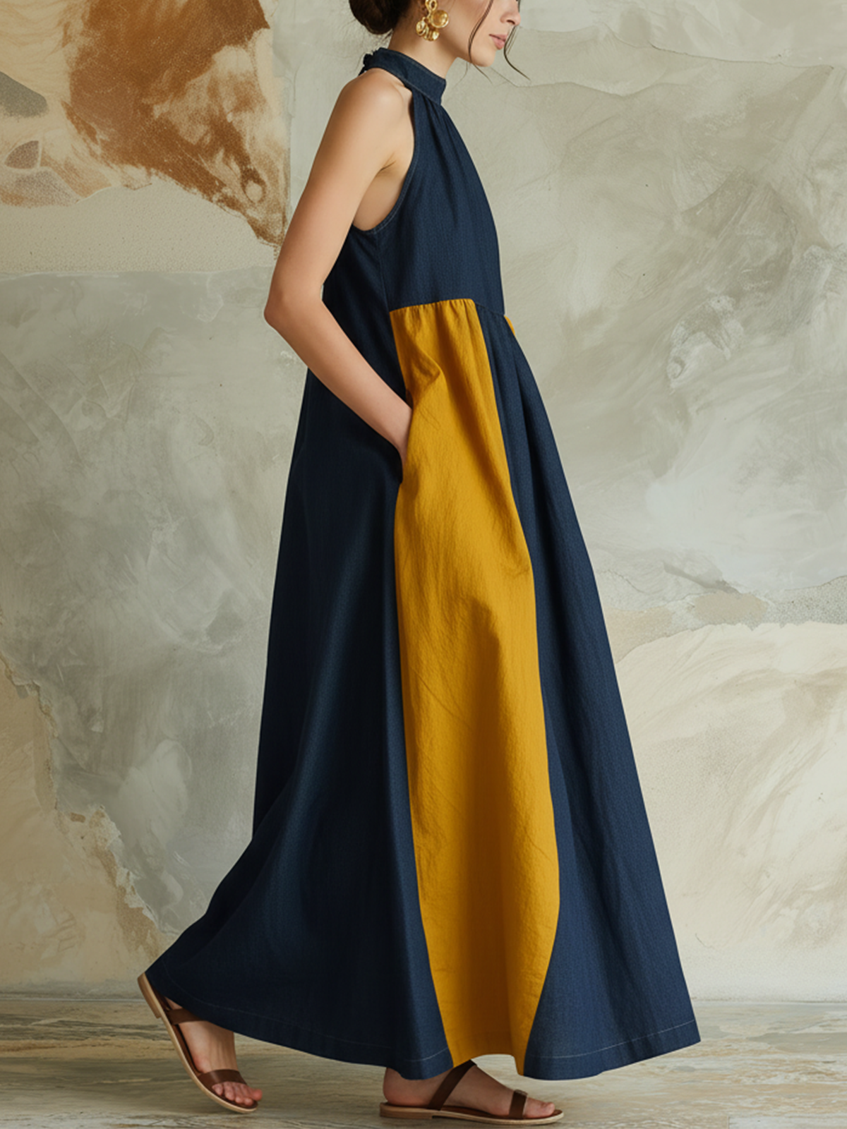 Halter Neck Colorblock Denim Maxi Dress