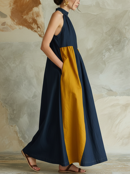 Halter Neck Colorblock Denim Maxi Dress