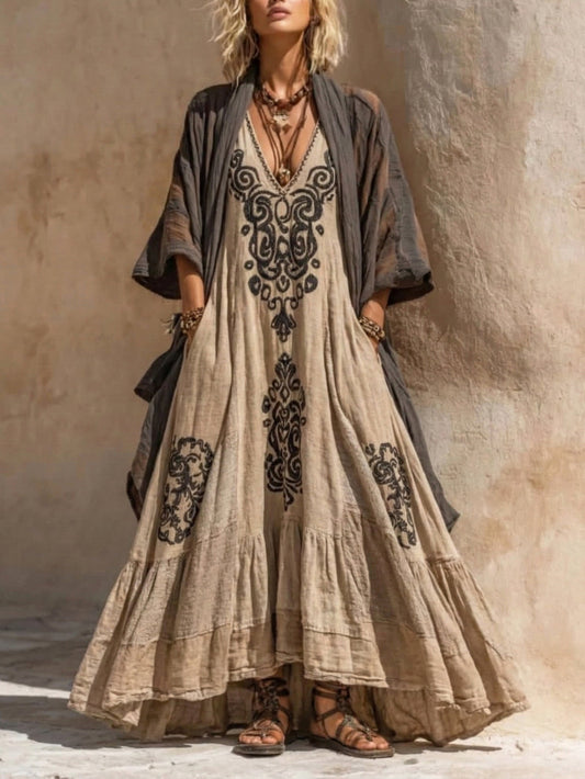 Bohemian-Style Linen-Cotton Two-Piece Set with Vintage Loose Shirt and Dress Ensemble