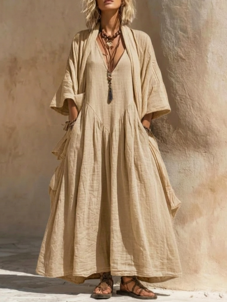 Bohemian Casual Cardigan Dress Cotton Linen Two-Piece Set