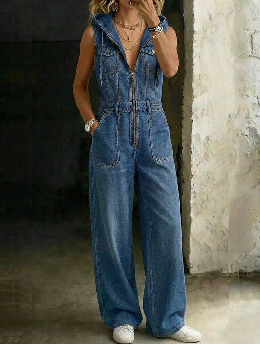 Fashion Casual Hooded Sleeveless Zipper Stitching Denim Jumpsuit