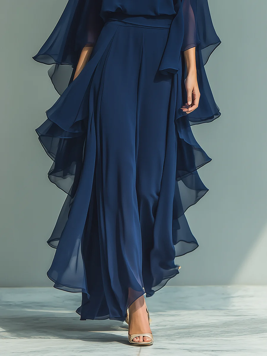 Elegant and Flowy Ruffled Shirt and Wide-Leg Pants Two-Piece Set