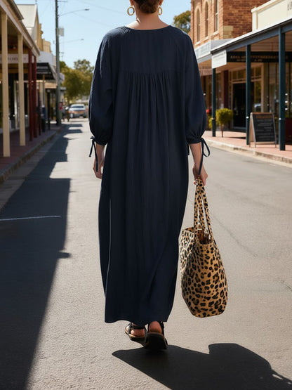 Solid Color Round Neck Long-Sleeved Casual Loose Pleated Cotton and Linen Dress