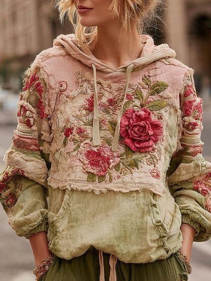 Retro Floral Colorblock Casual Comfort Hooded Sweatshirt
