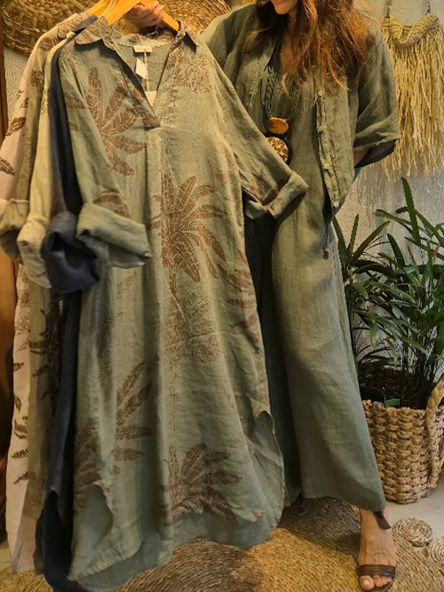 Casual Leaf Print Linen and Cotton Dress