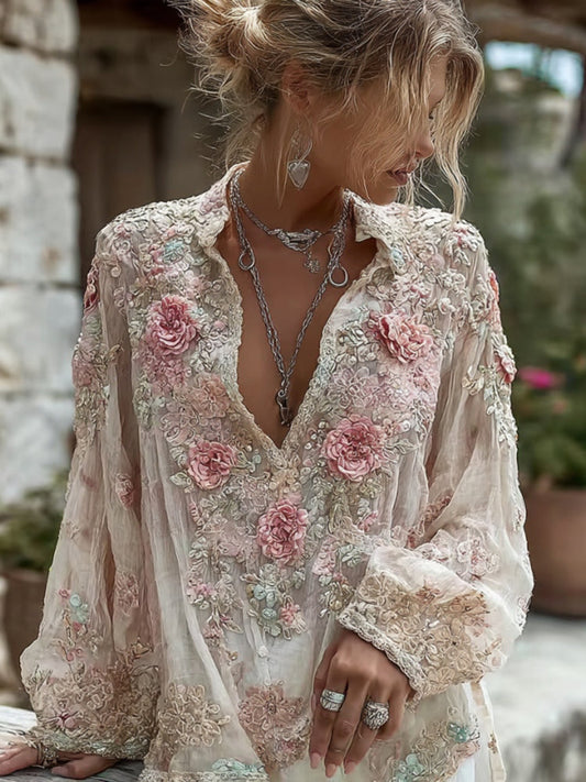 Pink Rose Embroidery Art V-Neck Long-Sleeve Linen Blend Blouse
