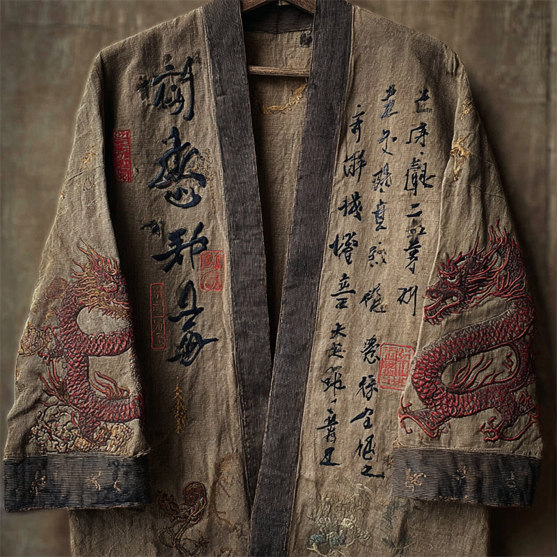 Japanese Gragons and Calligraphy Art Embroidered Linen Kimono Cardigan