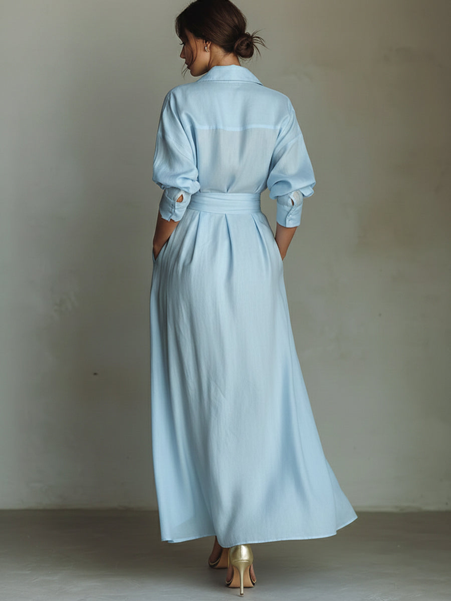 Waist-Cinching Shirt-Style Maxi Linen and Cotton Dress