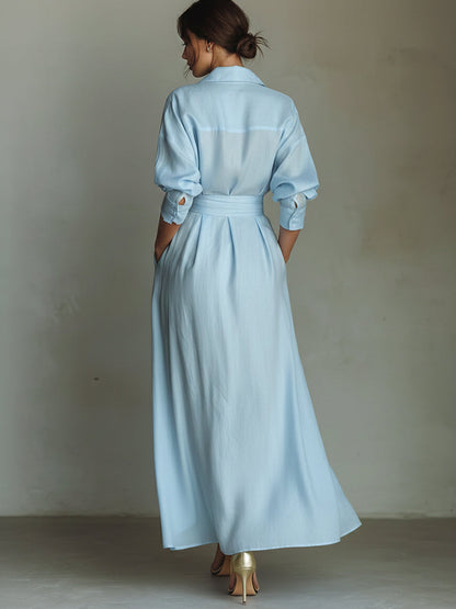 Waist-Cinching Shirt-Style Maxi Linen and Cotton Dress