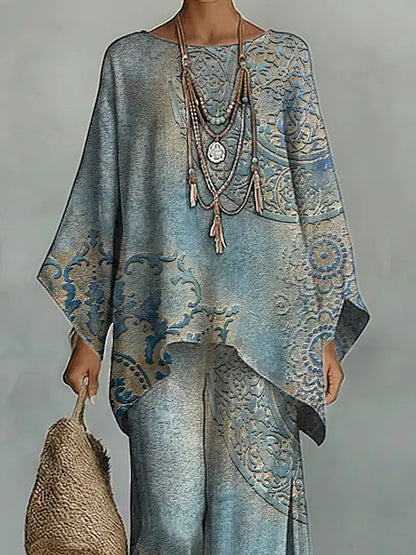 Vintage Floral Art Comfortable Loose Cotton Linen Wide-Leg Pants Two-Piece Set