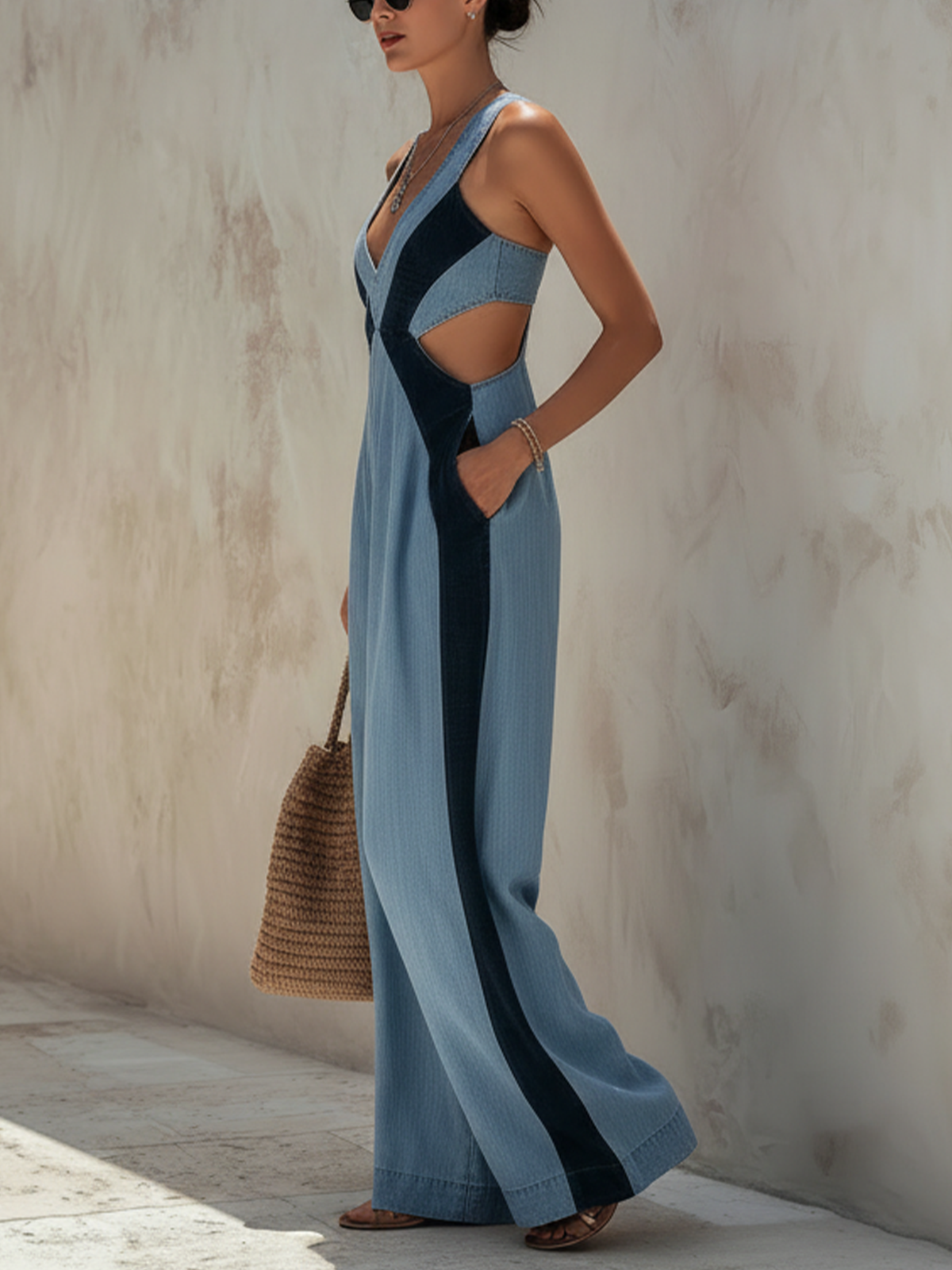 Light Blue Denim Colorblock Backless Wide-Leg Jumpsuit