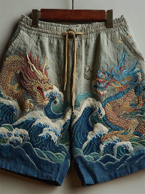 Japanese Dragons and Sea Waves Embroidered Linen Shorts