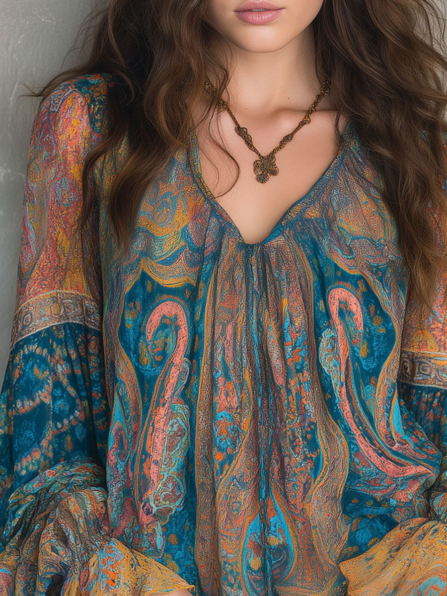 Bohemian Teal and Amber Paisley Chiffon Blouse with Ruffled Cuffs
