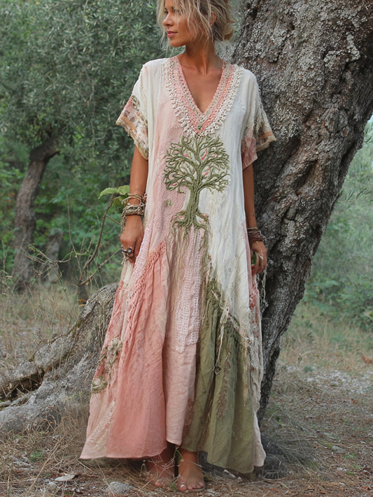 Retro Tree of Life Art Patchwork Short-Sleeve Dress