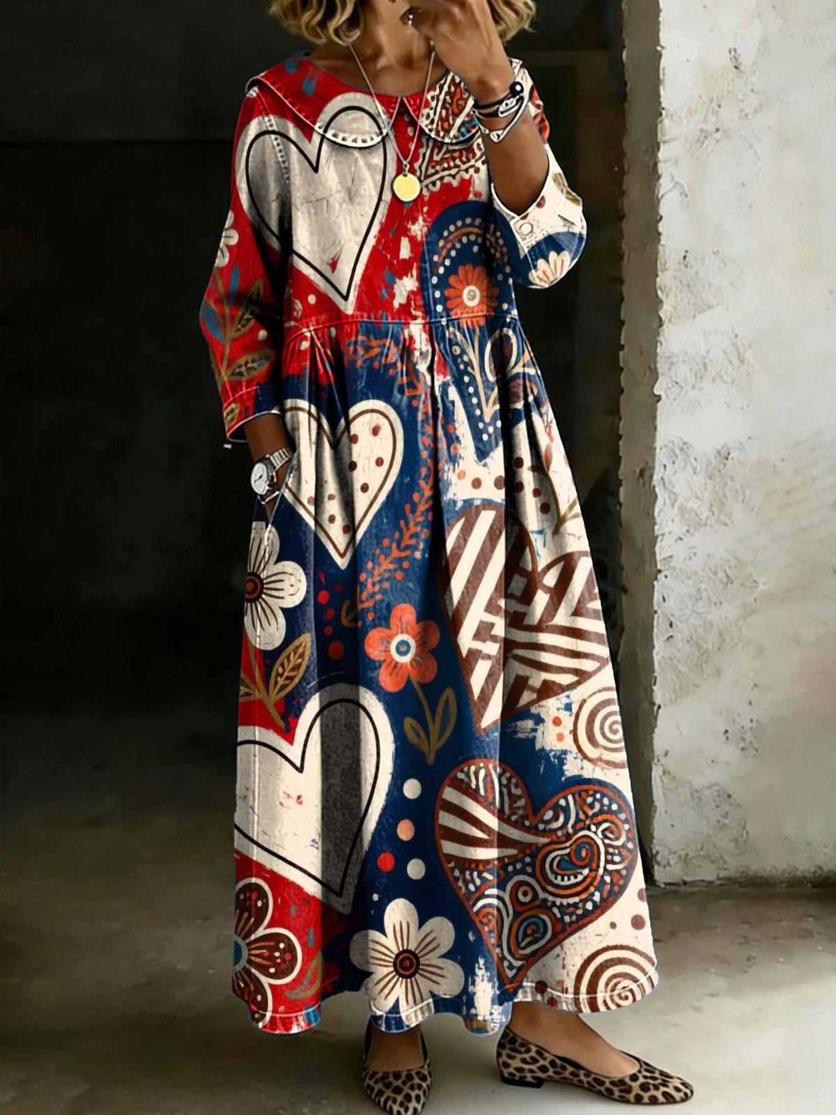 Red Blue Hearts Art Print Lapel Collar Pleated Long-Sleeve Casual Loose Denim Dress