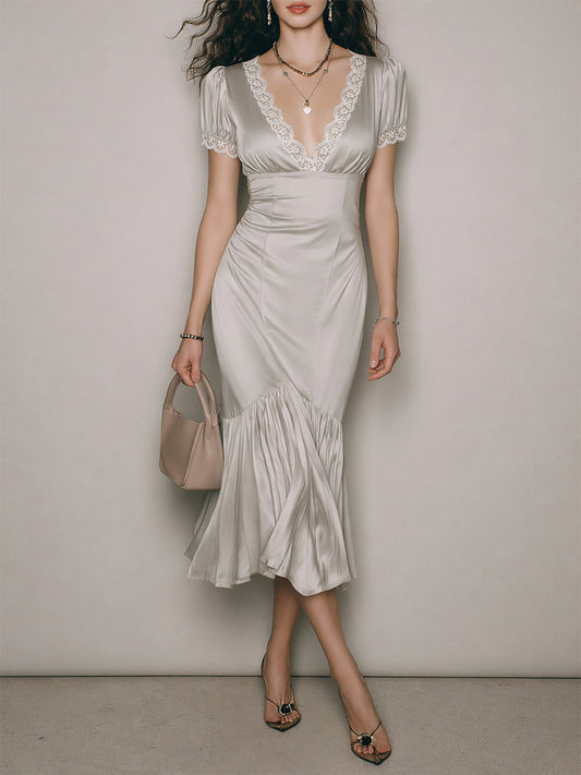 Vintage Satin Mermaid Midi Dress with Lace Trim