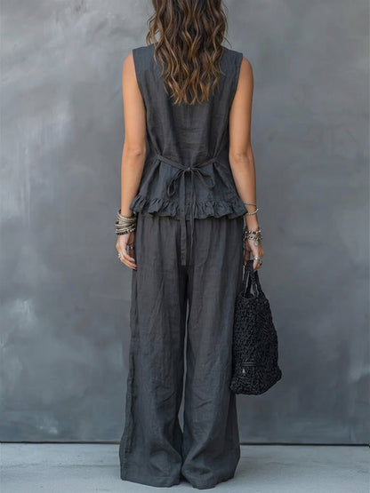 V-Neck Sleeveless Casual Loose Cotton Top with Elastic Waist and Wide-Leg Pants Cotton Linen Set