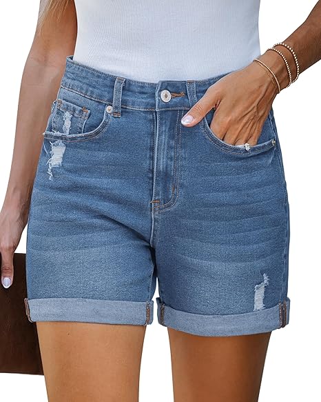 Womens High Waisted Rolled Hem Ripped Denim Jorts