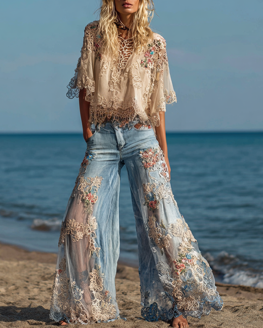Summer Vacation Floral Embroidered Lace Pants and Top Two-Piece Set Ae54