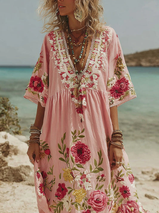 Pink Rose Embroidery V-Neck Short-Sleeve Linen Blend Midi Dress