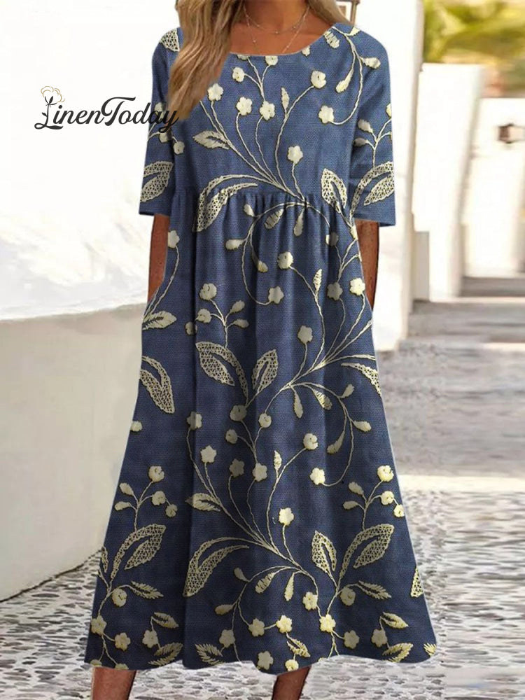 Vintage Floral Art Print Pocket Cotton Dress