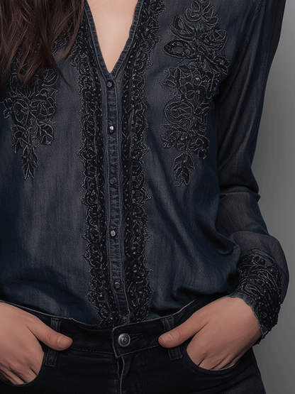 Elegant Dark Blue Chiffon Lace V-Neck Embroidered Shirt