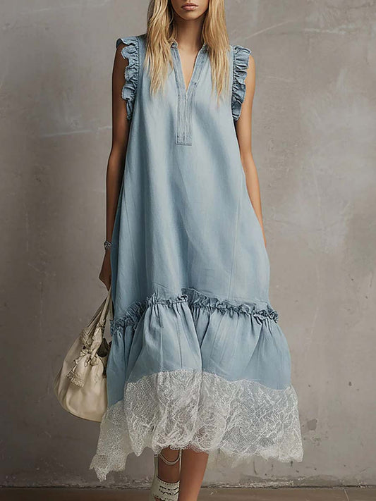 V-Neck Sleeveless Casual Loose Denim Patchwork Dress