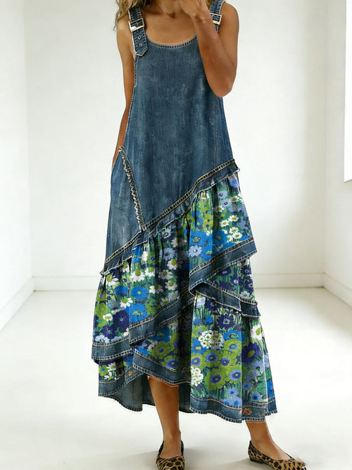 Fashion Floral Denim Design Sleeveless Multi-Layered Ruffled Strap Dress