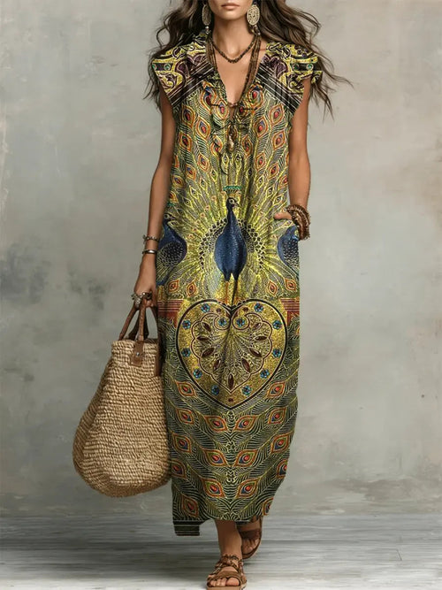 Retro Peacock Pattern Art Print Casual Ruffled Stylish Cotton Linen Dress