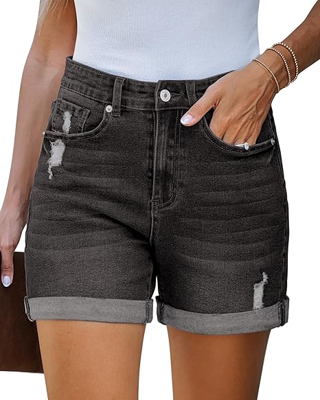 Womens High Waisted Rolled Hem Ripped Denim Jorts