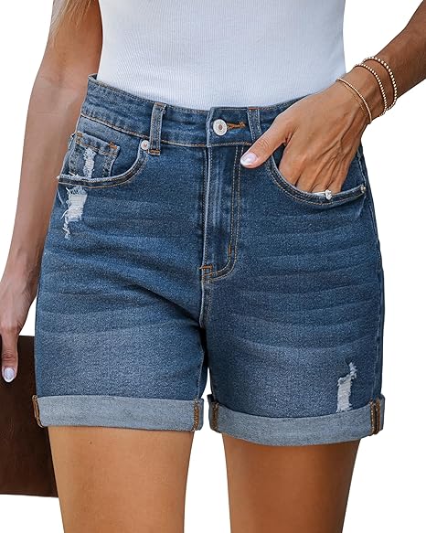 Womens High Waisted Rolled Hem Ripped Denim Jorts