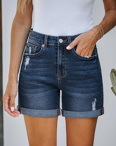 Womens High Waisted Rolled Hem Ripped Denim Jorts