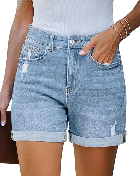 Womens High Waisted Rolled Hem Ripped Denim Jorts