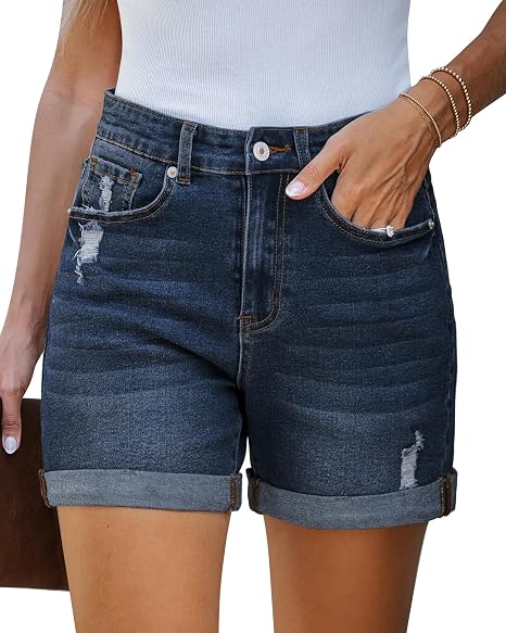 Womens High Waisted Rolled Hem Ripped Denim Jorts