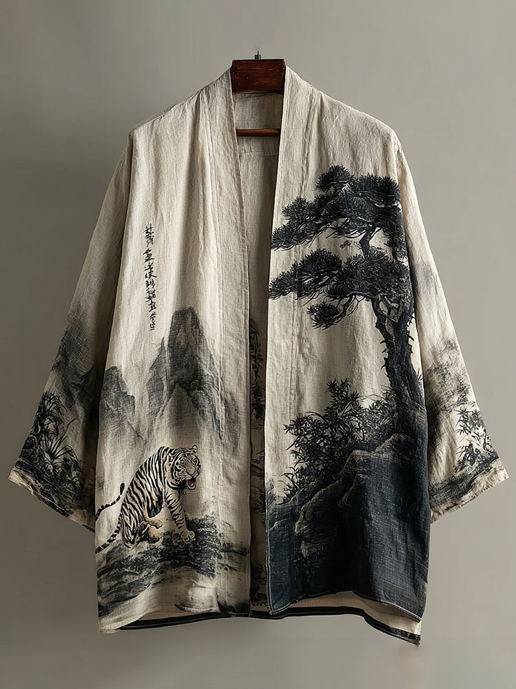 Retro Landscape Art and Tiger Pattern Casual Kimono Cardigan