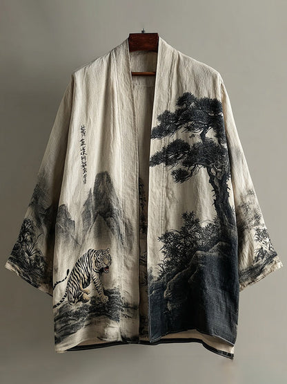 Retro Landscape Art and Tiger Pattern Casual Kimono Cardigan