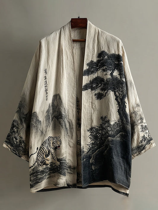 Retro Landscape Art and Tiger Pattern Casual Kimono Cardigan