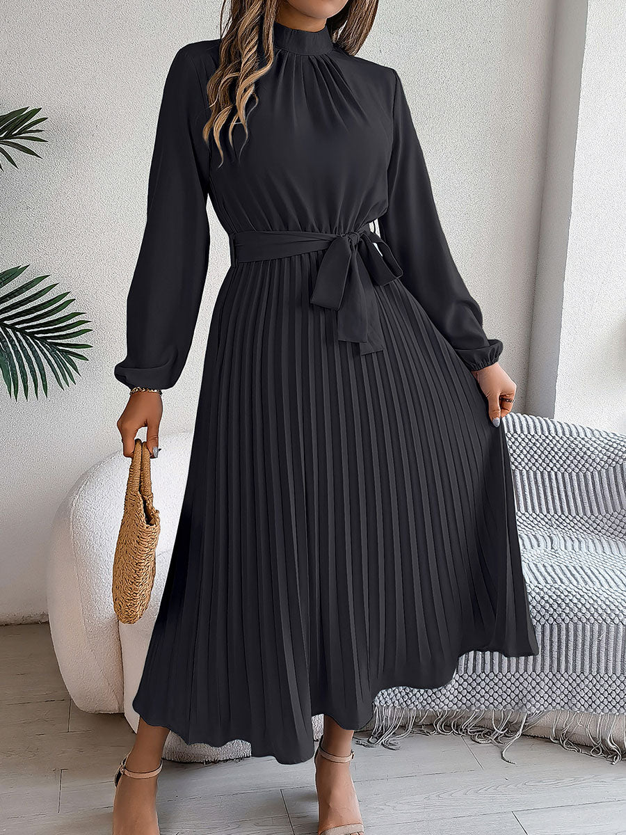 Stand-Up Collar Long-Sleeved Lace Up Pleated Dress