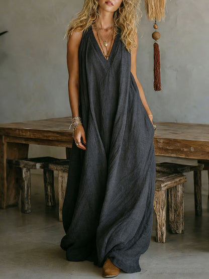 Casual Sleeveless Loose Pocket Vest Long Dress