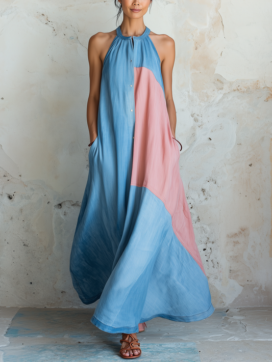 Light Blue and Pink Colorblock Tencel Denim Halter Maxi Dress