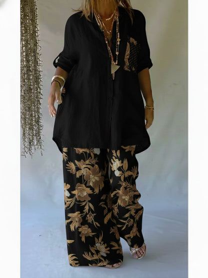 Casual Floral Print Linen and Cotton Shirt and Trousers Two-Piece Set