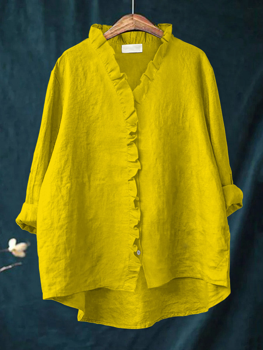 Casual Cotton and Linen Ruffle Shirt
