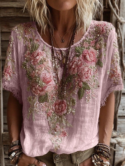 Pink Rose Embroidery Art Round Neck Short-Sleeve Linen Blend T-Shirt