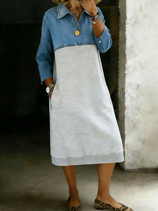 Casual Stylish Denim Patchwork Contrast Colors Shirt Dress