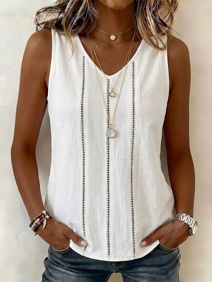 Simple Hollow-Out Decorative Cotton and Linen Sleeveless Top