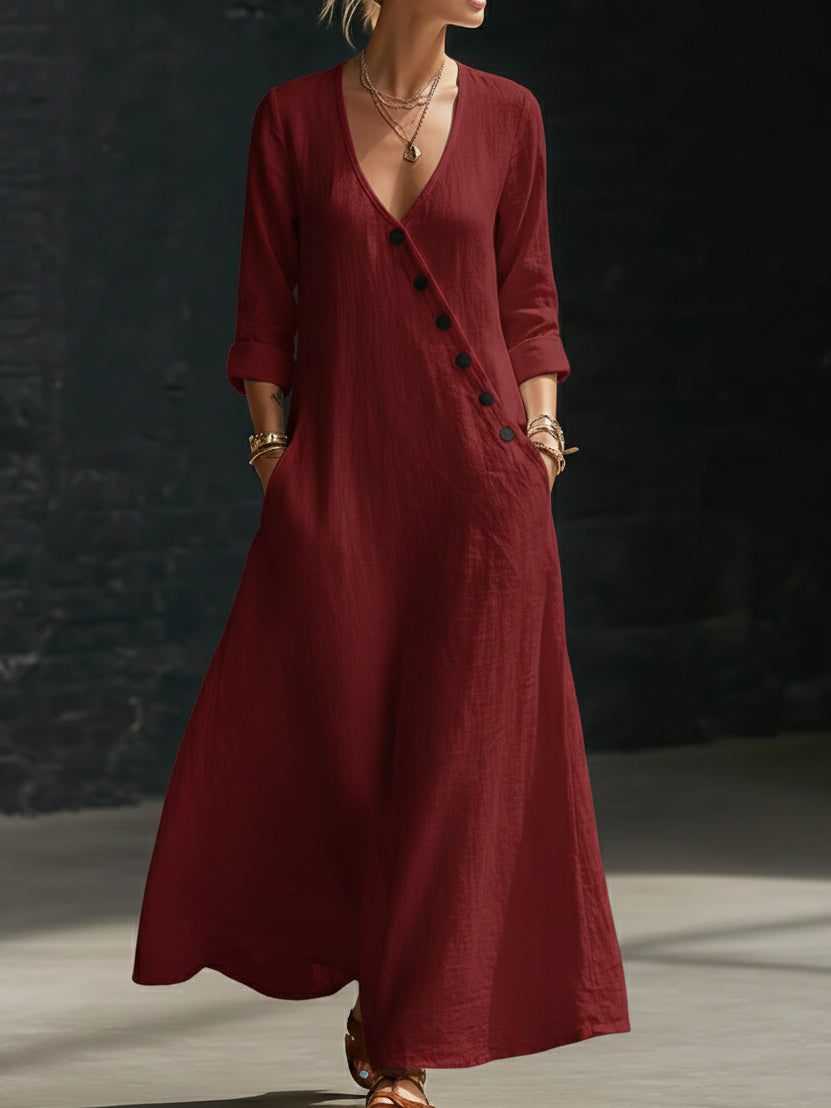 Minimalist Button-Up V-Neck Linen Dress