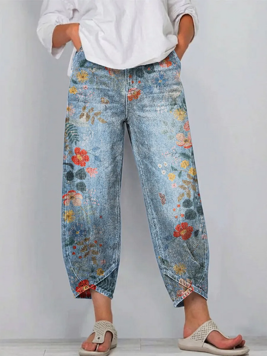 Vintage Floral Pattern Art Print Casual Cotton Denim Pants