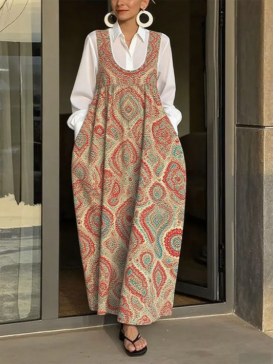 Multicolor Floral Print Denim Suspenders Maxi Skirt
