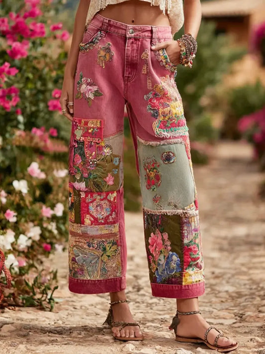 Vintage Floral Pattern Art Print Casual Cotton Denim Pants