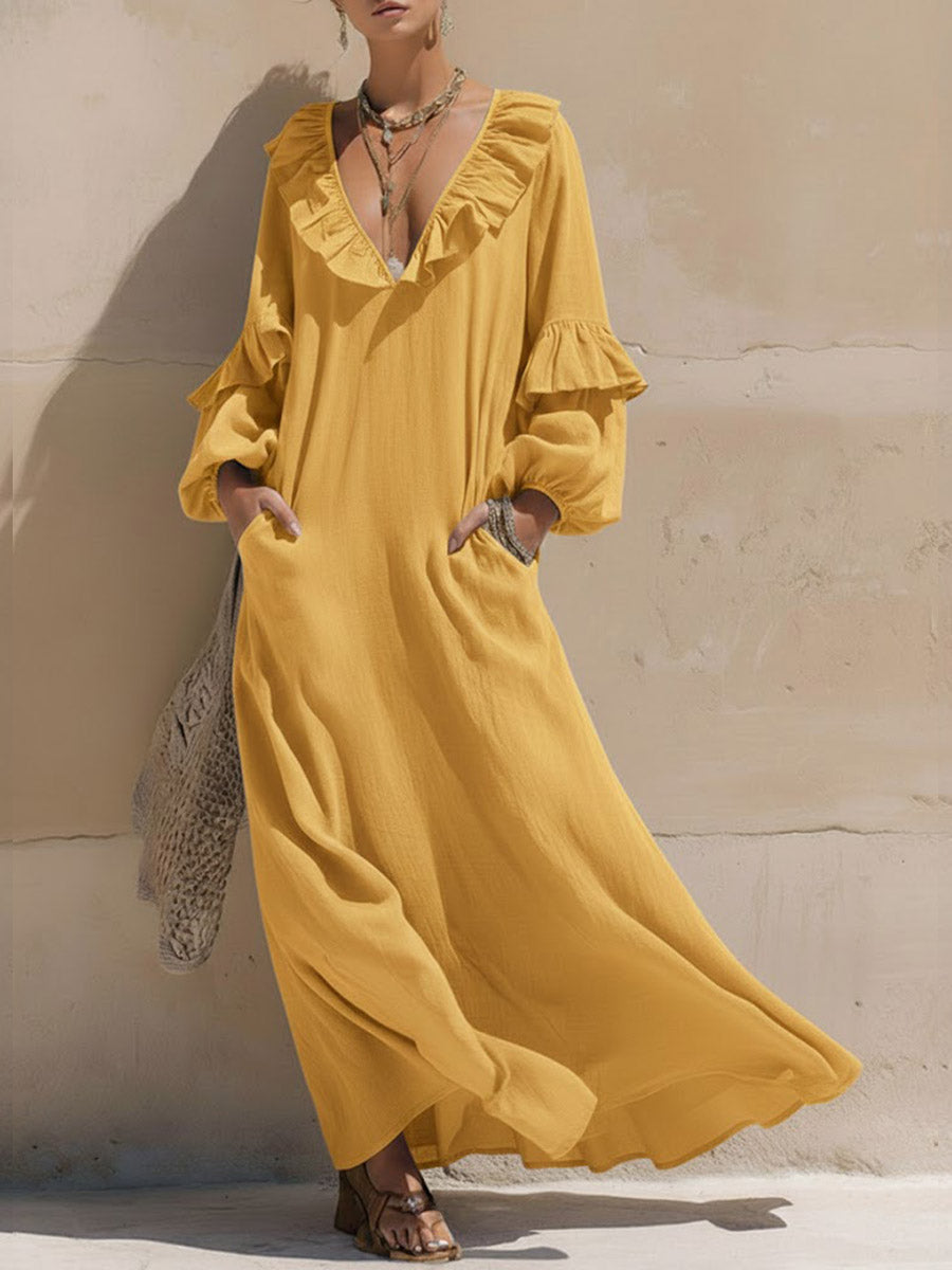 Solid Color Ruffle V-Neck Long-Sleeved Casual Loose Cotton and Linen Dress